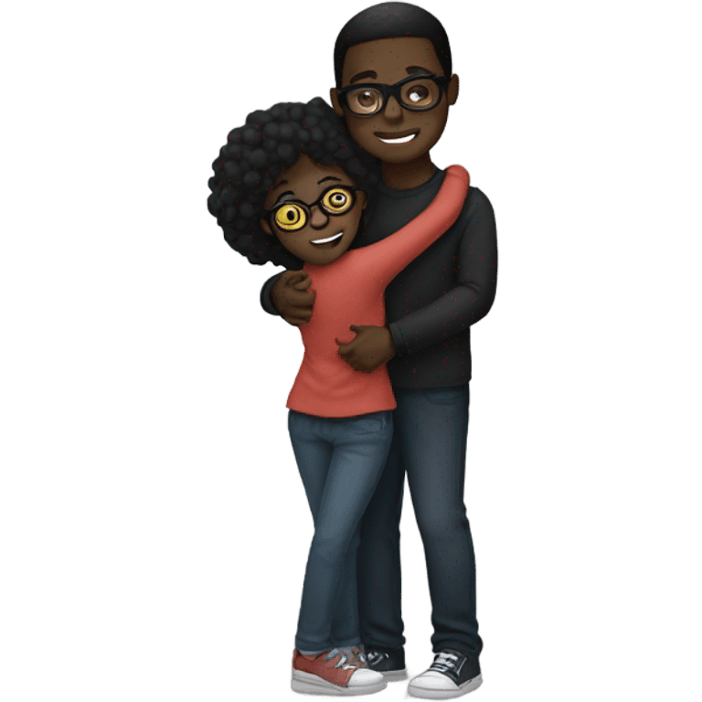 A dark black boy hugging a light black girl with glasses emoji