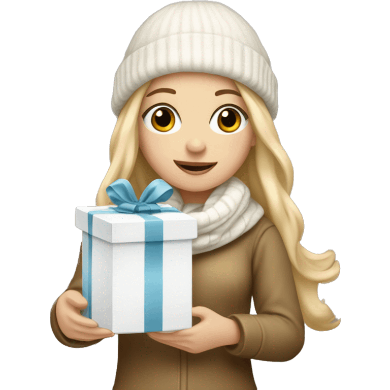 Dirty blonde white girl holding a white gift with a gold ribbon wearing a white and tan beanie and scarf emoji