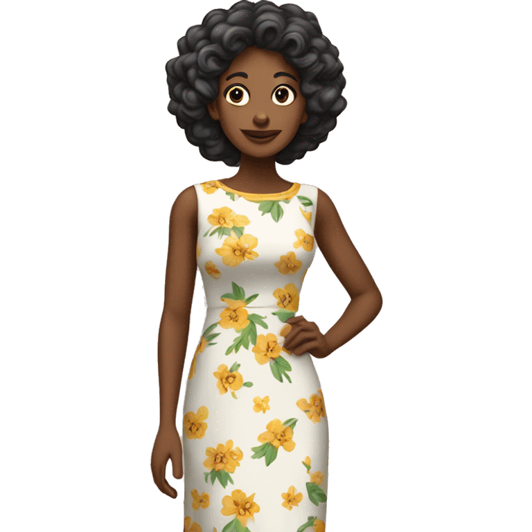 A black girl in her early 50s with a flower long dress and looks like a￼ Jinny emoji