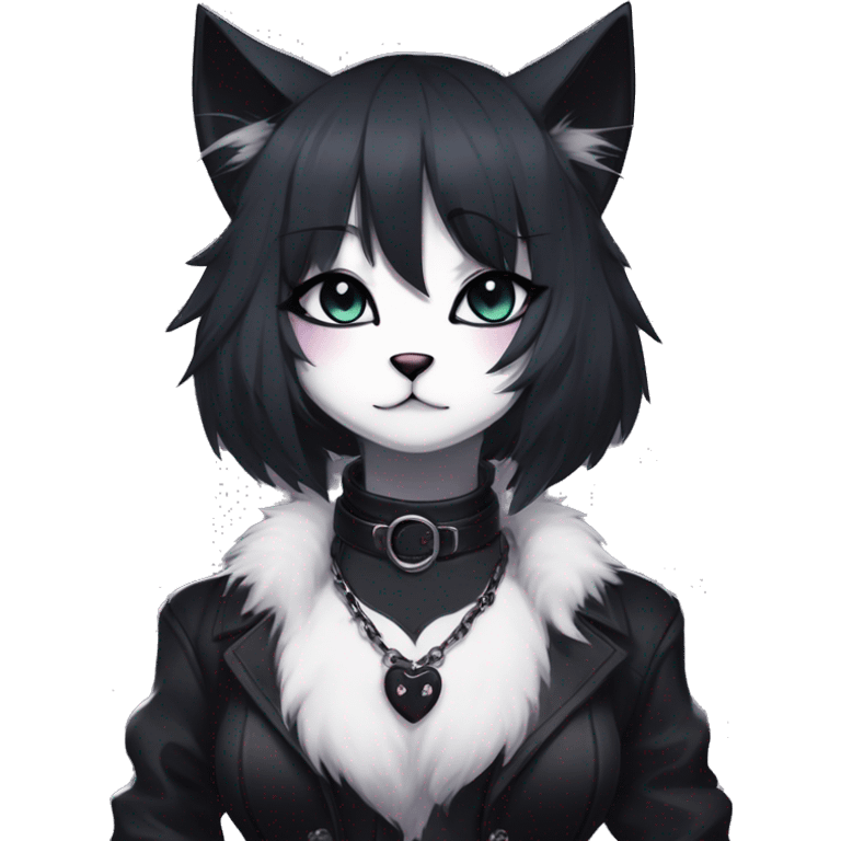 Gorgeous furry gothic dark techwear anime style anthro black cat furry sona with blushing face aesthetic and pretty edgy black with collar and harness trending style emoji