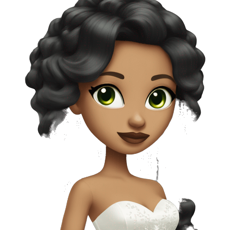 Bratz, bride, black wavy long hair, olive skin, green almond cat eyes emoji