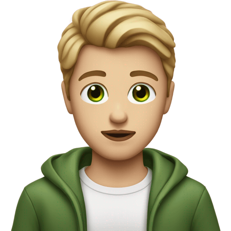 A boy with glossy lips green eyes and medium dark blonde hair with green eyes holding a heart  emoji