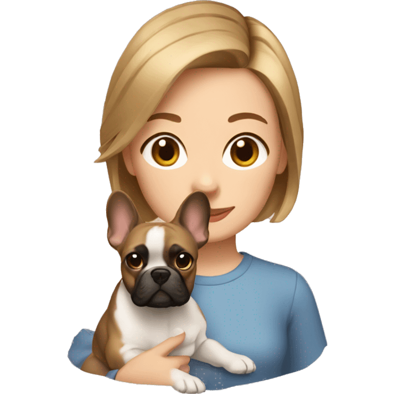 Girl with short light brown hair with a frenchie dog emoji