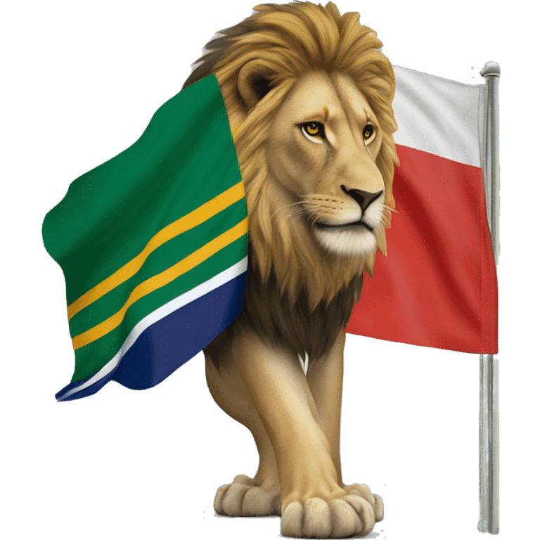 A South African flag behind a lion emoji