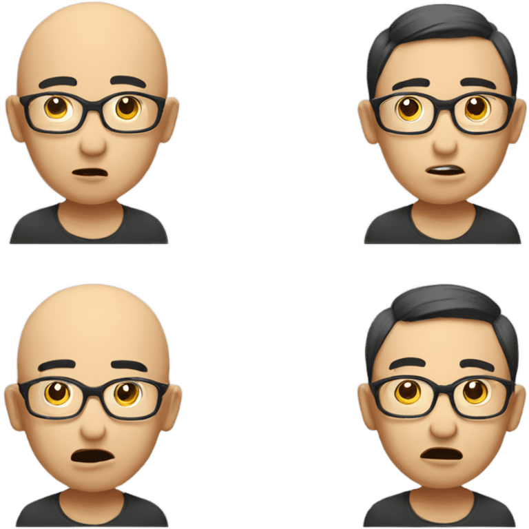  a bald Asian young boy, in glasses, very confused. thinking deeply emoji