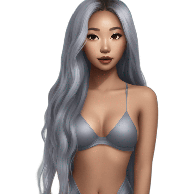 legs, body standing head to toe, blasian girl, kpop idol, angelic beauty, korean american, black girl, beach suit, grey dyed hair, grey shiny, very long hair, make-up on fleek, baddie emoji