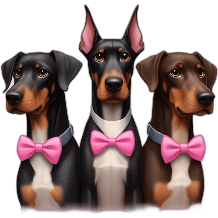 white-doberman-with-a-pink-bow-tie,-with-a-black-doberman-on-its-left-and-a-brown-doberman-on-its-right emoji