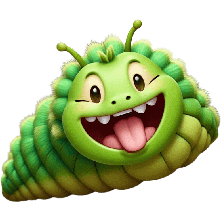 Cinematic Realistic Cute Yawning Caterpillar Portrait Emoji, Head tilted slightly with a dramatic, wide-open yawn, showcasing a soft, downy segmented body in vivid green with subtle drooping and half-closed, drowsy eyes, rendered with intricate natural texture and gentle shadows, high shine, relaxed yet expressive, styled with a dash of woodland charm, soft glowing outline, capturing the essence of a sleepy yet affectionate caterpillar that appears ready to stretch out and rest among the leaves! emoji