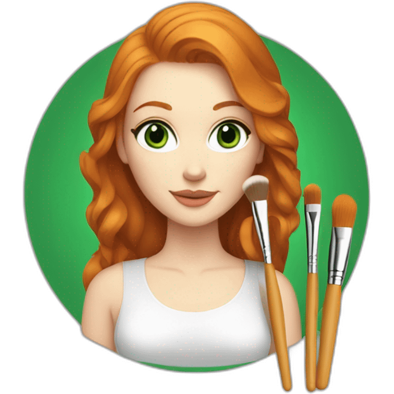 Ginger hair, White woman with makeup brushes in hand, green eyes emoji