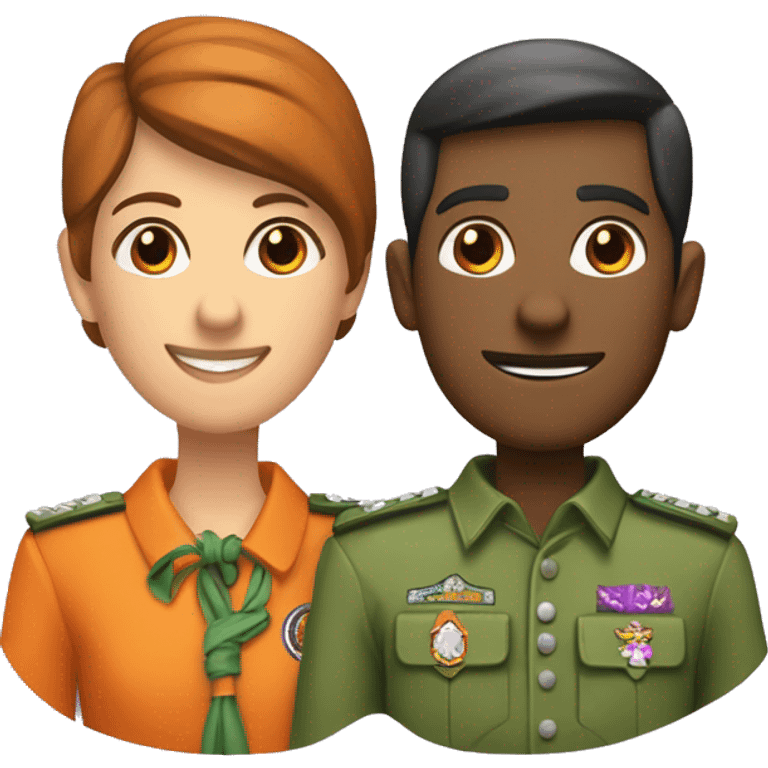 pareja de novios con pañuelo scout color naranja, verde y violeta emoji