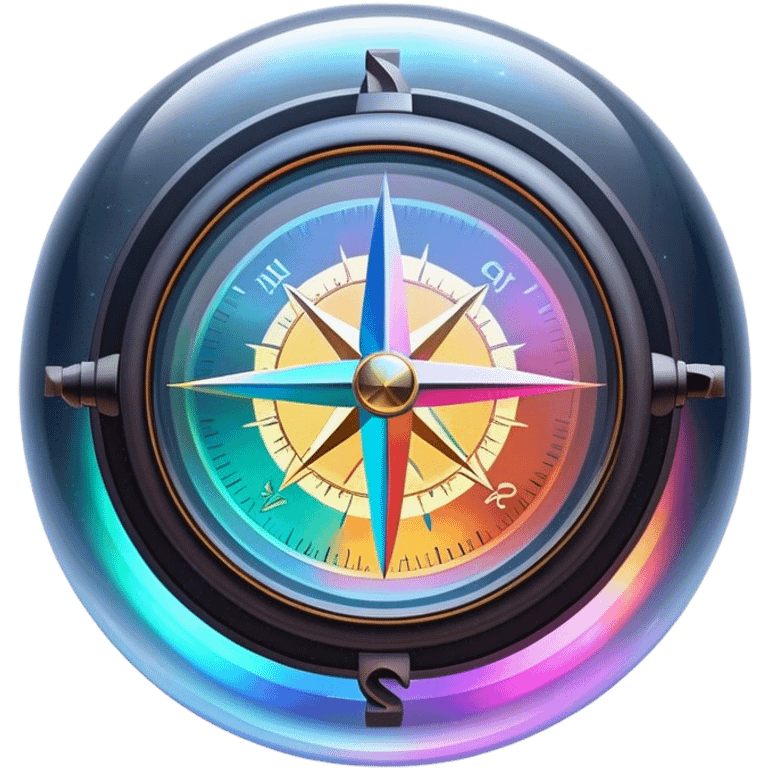 A glowing holographic compass with vibrant neon colors, inside a crystal-clear floating sphere emoji