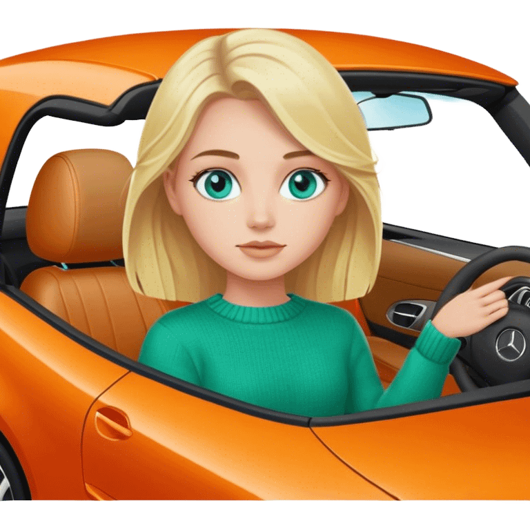 A cinematic realistic blonde with blue eyes, dressed in a green sweater, is driving an orange Mercedes car. emoji