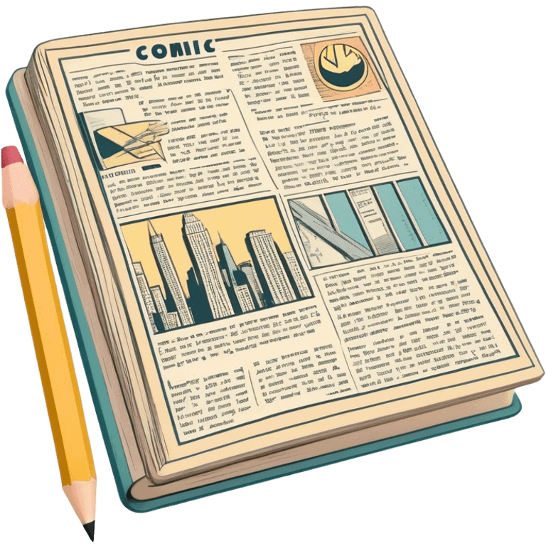 Create a detailed emoji representing the process of writing texts for comic books. The design should feature a large, open comic book with vintage comic strips visible on its pages. A pencil should be shown writing text on one of the comic panels, but without a hand. The pencil should appear as though it is actively creating the dialogue or narration. Use a classic color palette with muted tones for the comic book and brighter accents on the pencil to draw attention to the writing process. Do not include any emojis or smiley faces. Make the background transparent. emoji