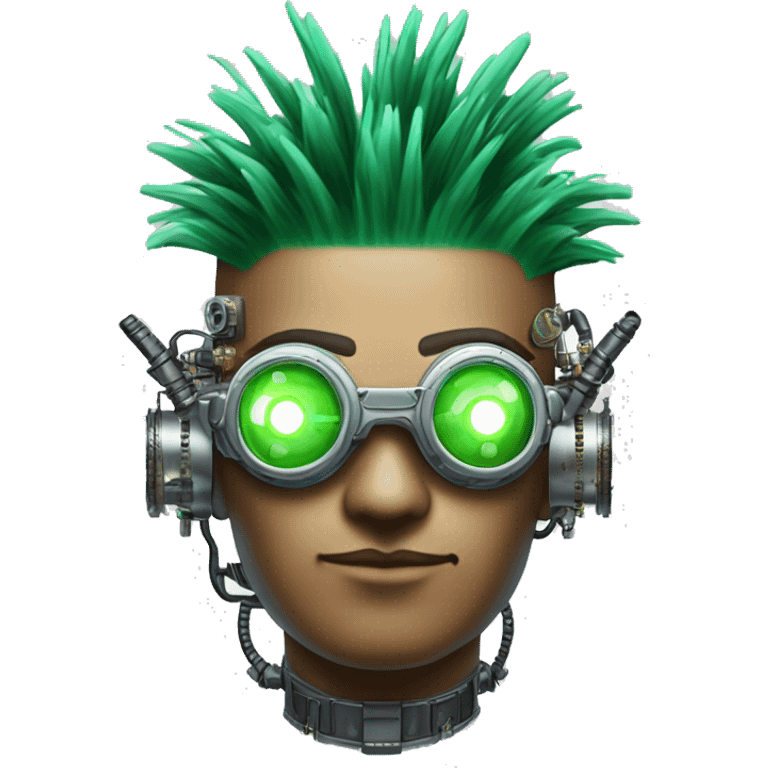 Green Mohawk hair male cyborg head with white steampunk goggles and circuits emoji