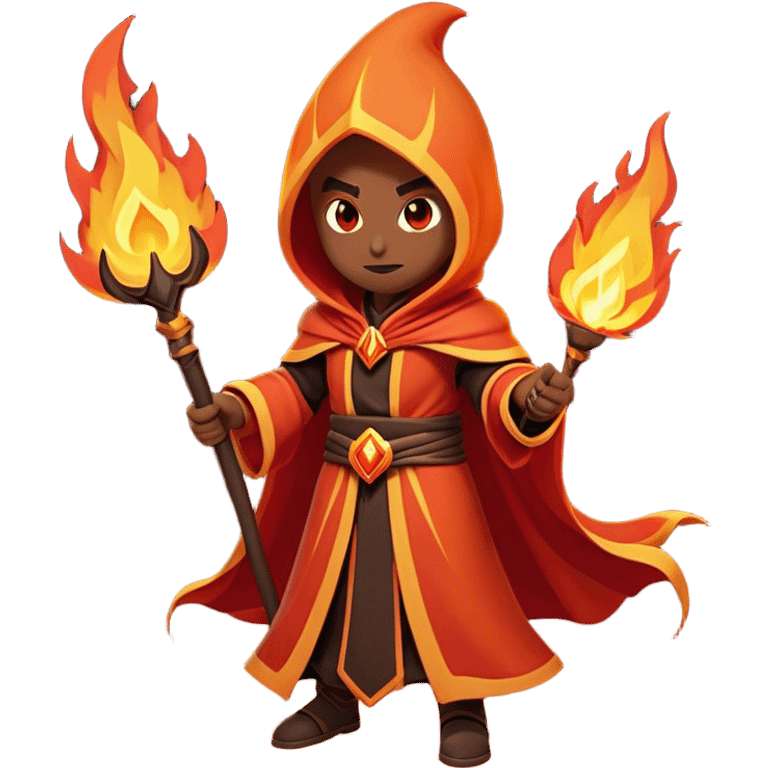 Clash of Clans aesthetic: Cinematic Ferocious Fire Mage Hero closeup Emoji, rendered in a 3D vector-style similar to standard emojis with minimal shading and bold, simplified shapes. A compact, isometric figure draped in flowing, charred and ember-lined robes, wielding a fiery staff crackling with intense flames. Eyes burning with an infernal glow, exuding raw, untamed power. Simplified yet unmistakably iconic, highly detailed and consistent, glowing with a fiery, molten radiance and high shine. Stylized with a touch of menacing sorcery and a searing, ember-infused outline, capturing the essence of a wrathful mage ready to unleash devastating fire magic! emoji