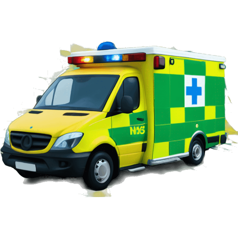 British NHS ambulance, yellow body, with green and yellow checkerboard print along the bottom. NHS blue and white logo on the side. Blue flashing lights emoji