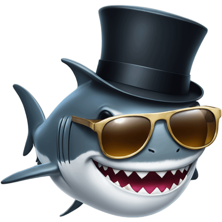 Sophisticated shark: a stylish creature donning a dapper top hat and trendy shades. emoji