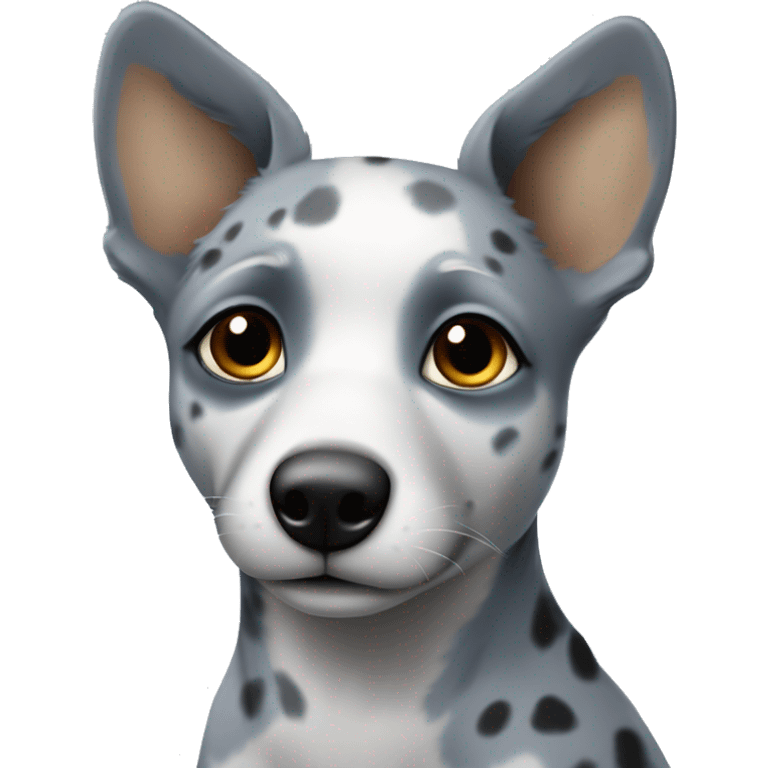 Blue healer grey no brown with faint black tiny spots with a black patch on her eye one ear up one down emoji