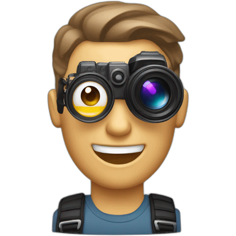 Male Photographer shaved Caucasian wavy hair brunette holding camera emoji