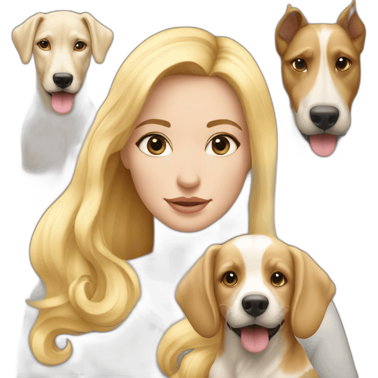 jolie blonde aux yeux bleux avec eux chiens et un cheval emoji