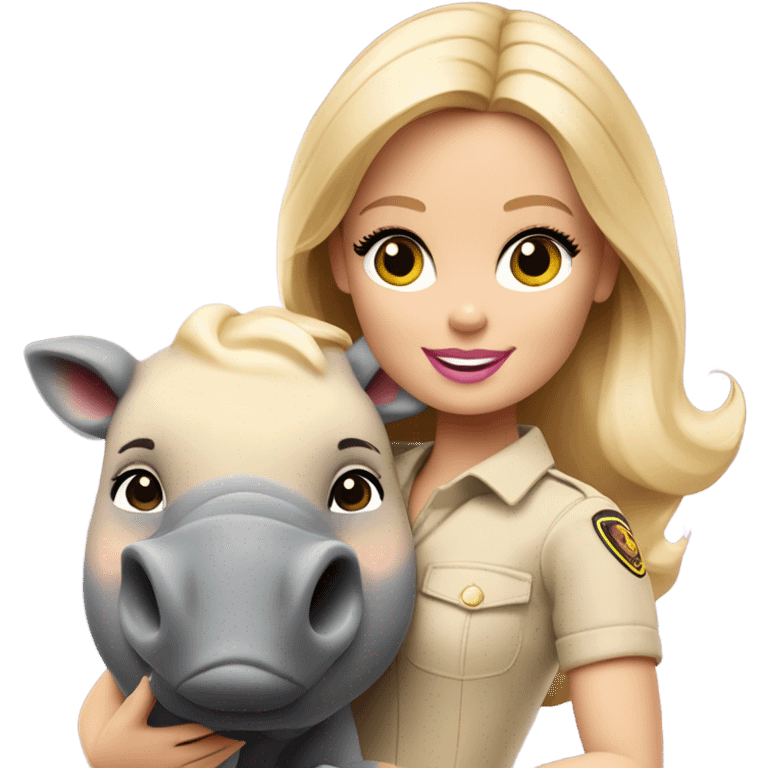 Blonde zookeeper Barbie with brown eyes, long shiny blonde hair, with a baby rhinoceros emoji