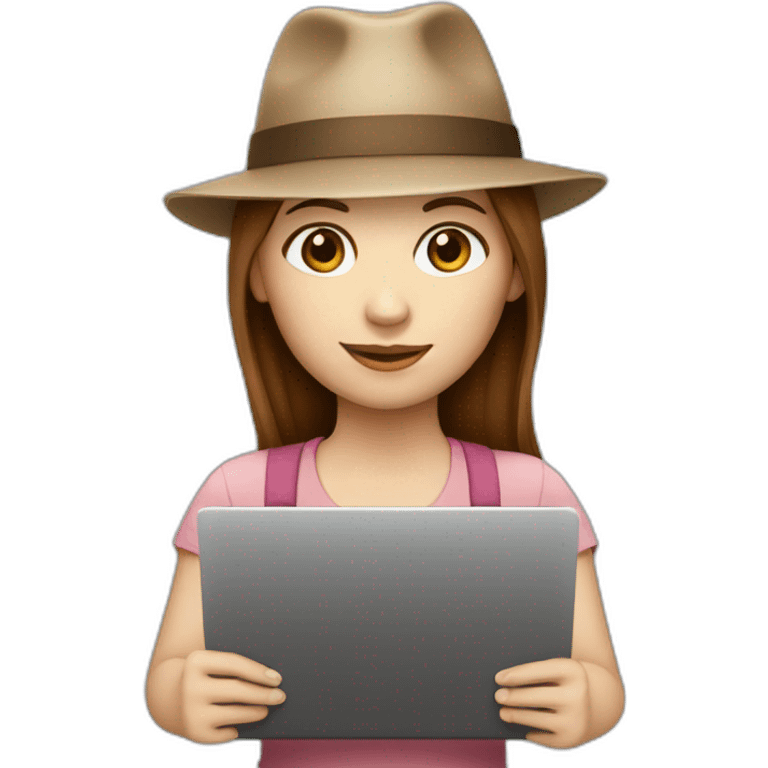 white skin, Girl with a hat, brown hair straight to the shoulders, holding a laptop emoji