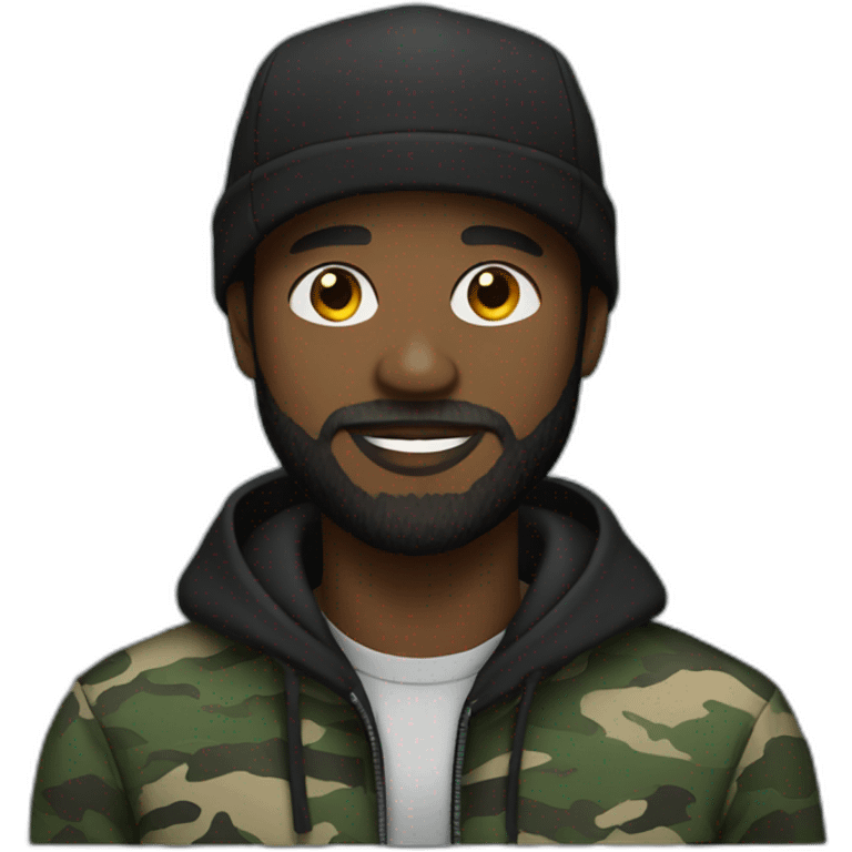 black man with a beard,camo hat, black hoodie emoji