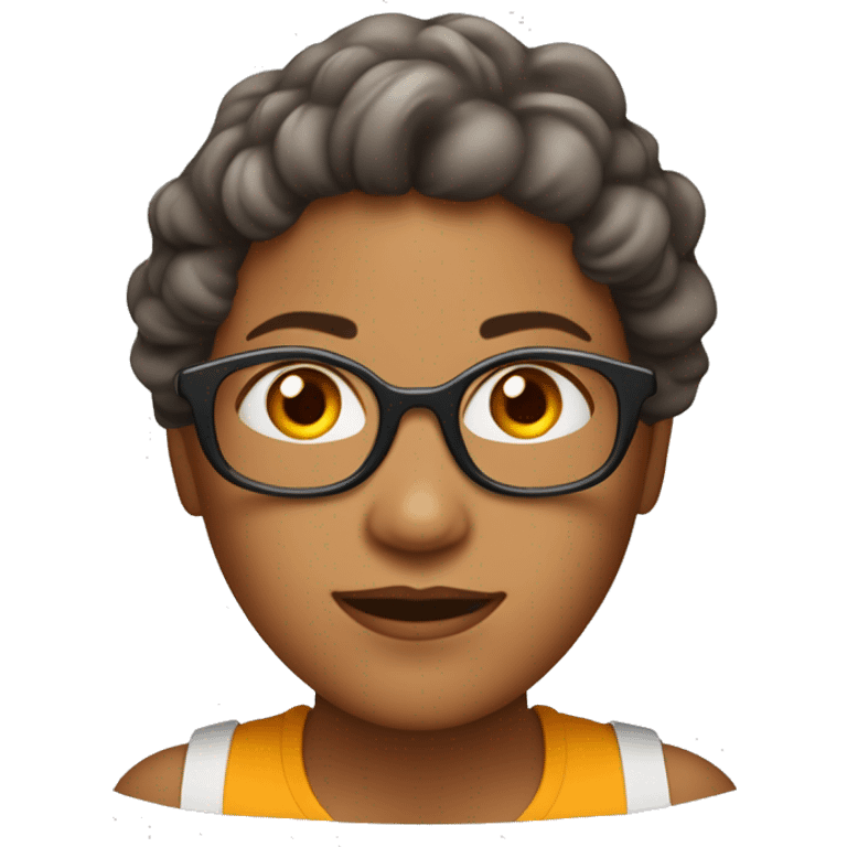 Mulher, 50 anos, cabelo castanho médio e ondulado, olhos castanhos, cara redonda, pele clara, divertida, a piscar o olho emoji