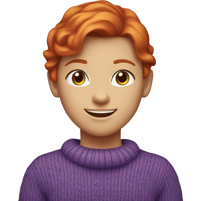 Red headed girl smiling with a purple sweater on  emoji