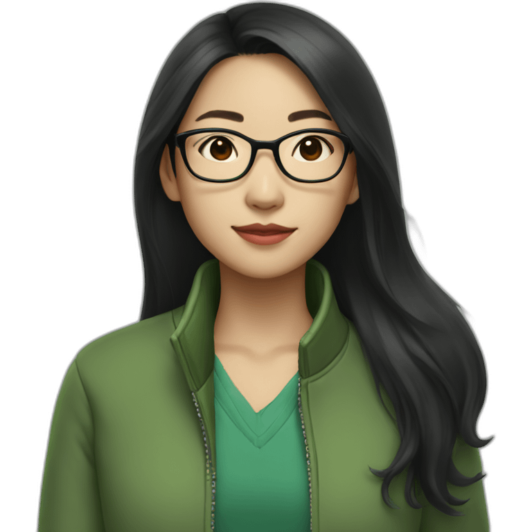 Asian girl with long black hair and glasses wearing green jacket emoji