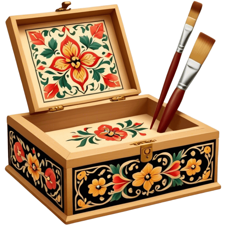 Wooden box painting icon, traditional Palekh or Khokhloma patterns being painted on a wooden box, paintbrush and fine details visible, the box in the process of decoration, visible tools like brushes and paints, minimalistic style, clean lines, transparent background. emoji