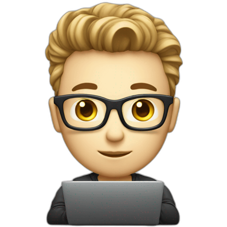 Cute programmer on his laptop, white skin, looking front, with a quiff emoji