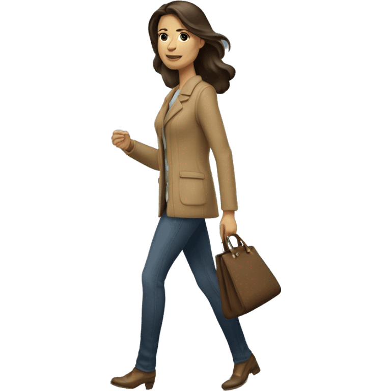 brunette caucasian woman dressed nice walking with a single purse emoji