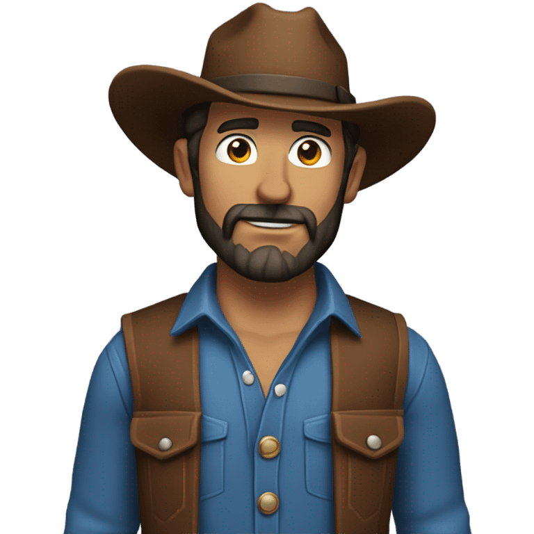 a rugged cowboy with a thick beard, wearing a blue vest over a classic western shirt and a brown belt with a silver buckle. He should have a confident stance, showing full torso emoji