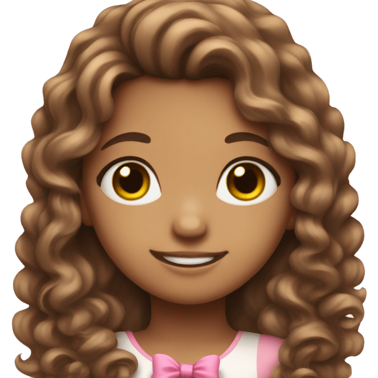 cute girl with long curly brown hair with pink bow in hair on the sideemoji emoji