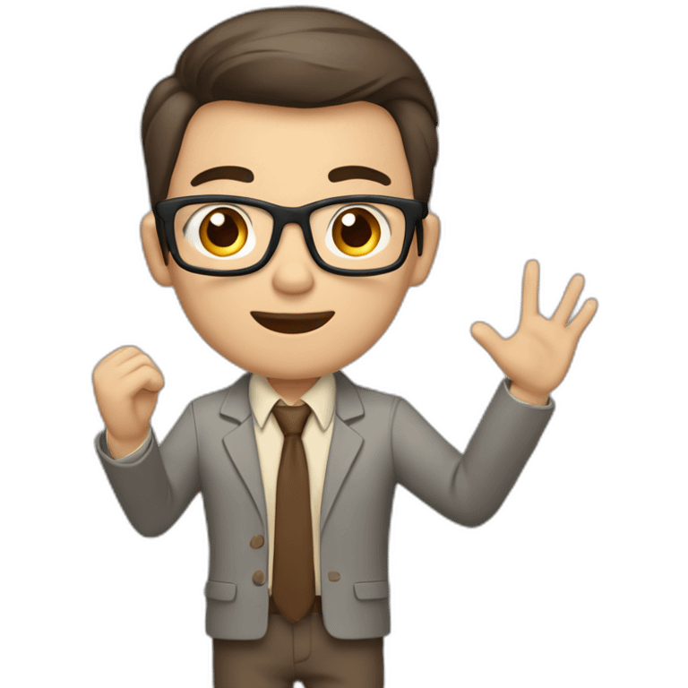 To belt Actively gesturing with hands Pale skinned fit man teacher with dark brown hair in gray jacket, beige office shirt, brown tie, brown pants and vintage glasses. emoji