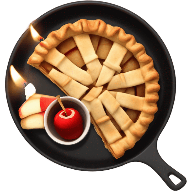 Slice of apple pie in a black pan on a checkered tablecloth with a birthday candle next to a martini emoji