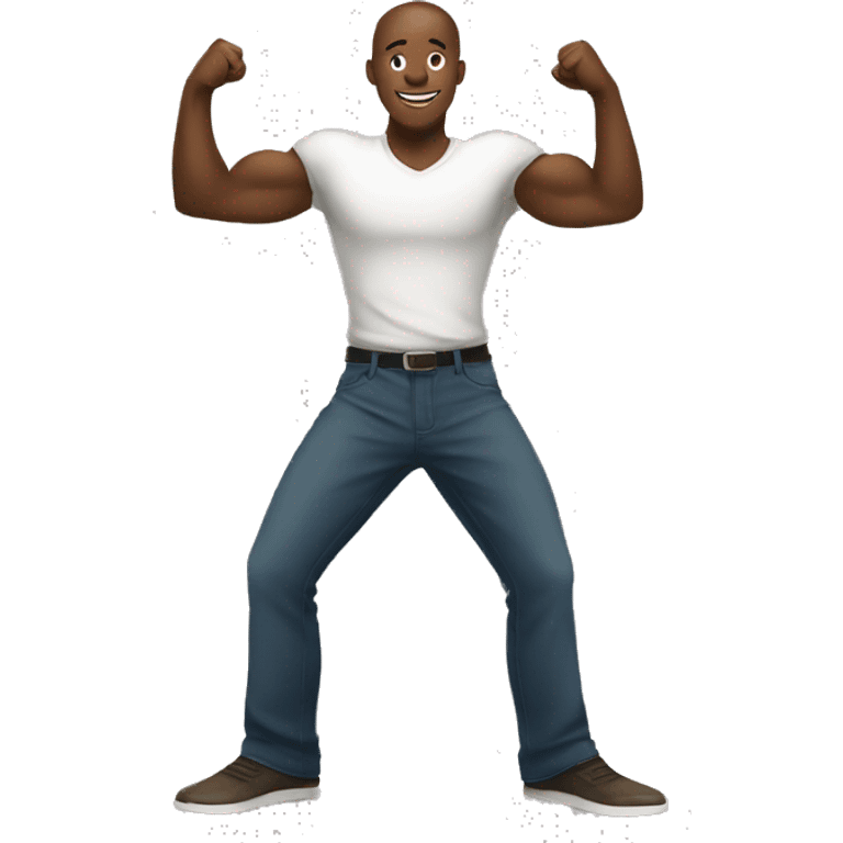 a black man standing on his tip toes with his arms raised up high making fists emoji