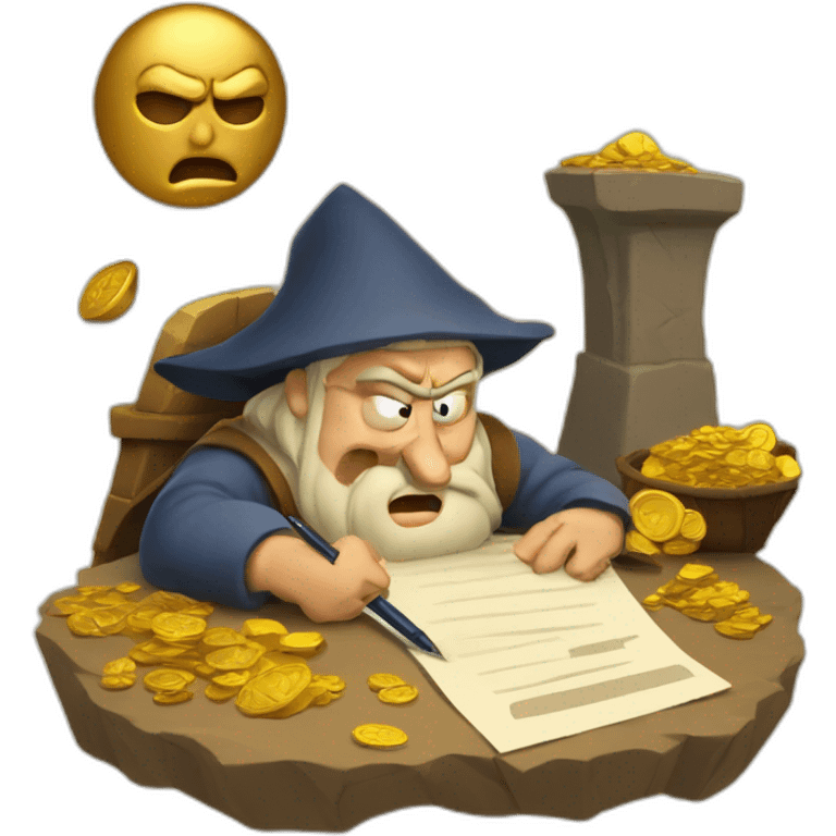 middle ages taxman, angry, writing on a paper, pile of gold emoji