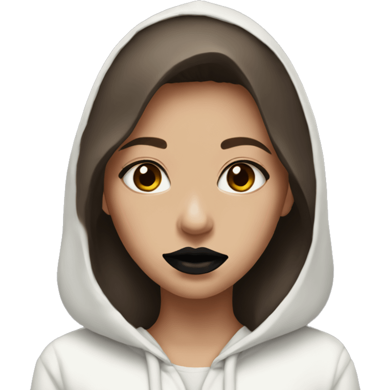 girl with brown hair in a white hoodie and black lipstick with a red stain on her mouth emoji