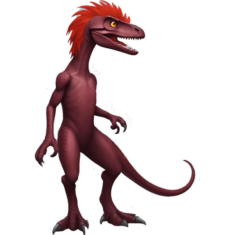 Cool edgy sexy handsome Maroon-colored velociraptor with bright-red messy mane full body emoji