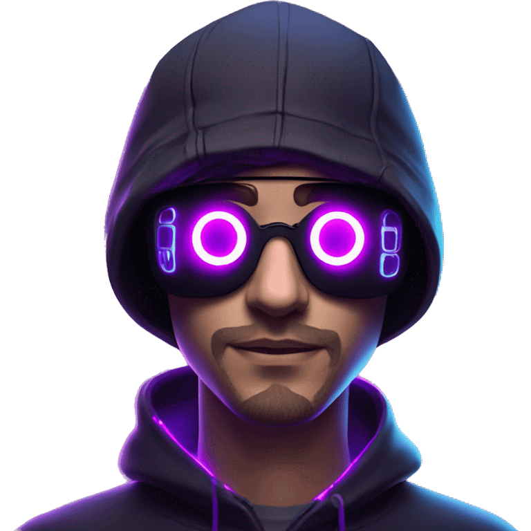 Russian man wearing a black hoodie with "OMG" letters on it and VR headset in a cyberpunk VR environment with violet neon lighting. emoji