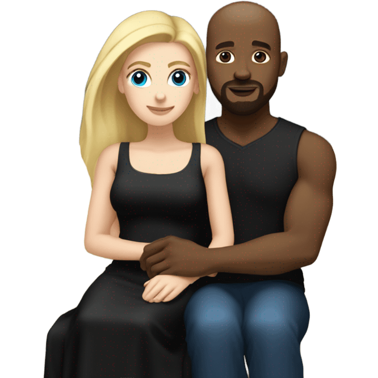 Blonde woman with blue eyes and long straight hair wearing a short black dress and a black man who is bald with a goatee seated together on a sofa enjoying a passionate embrace.   emoji