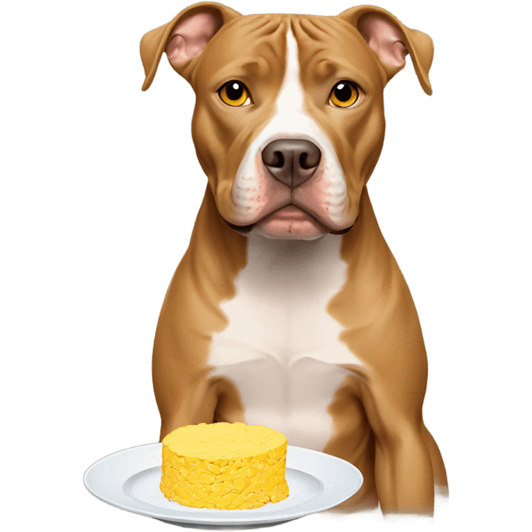 Tan pitbull holding a plate of scrambled eggs emoji