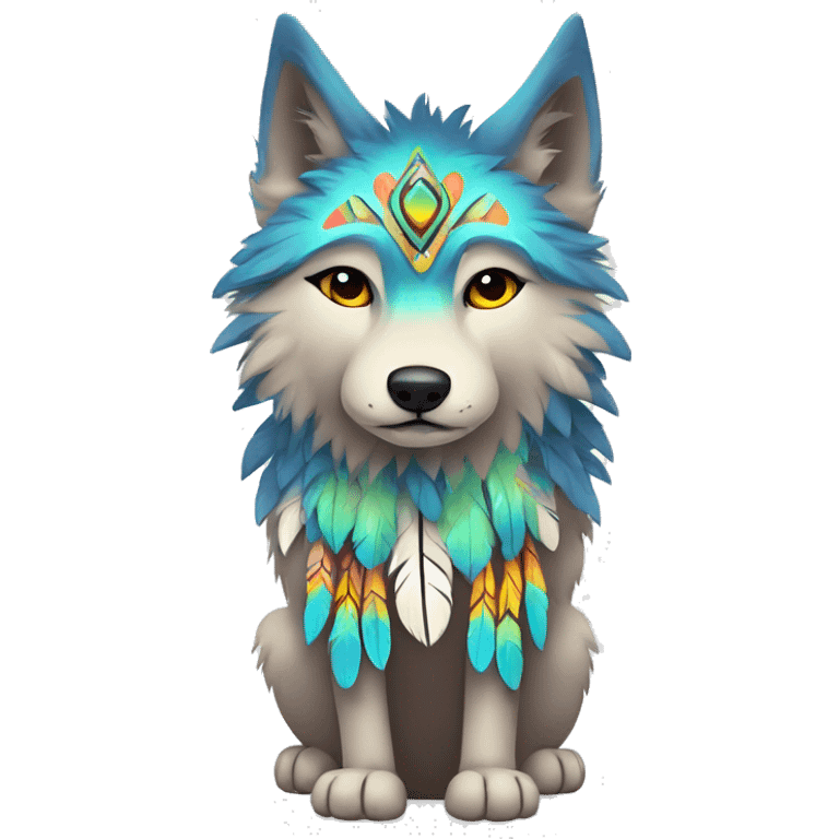 Fluffy Shy Colorful Spiritual Wolf With Shiny Tribal Markings wearing feathers Full Body emoji