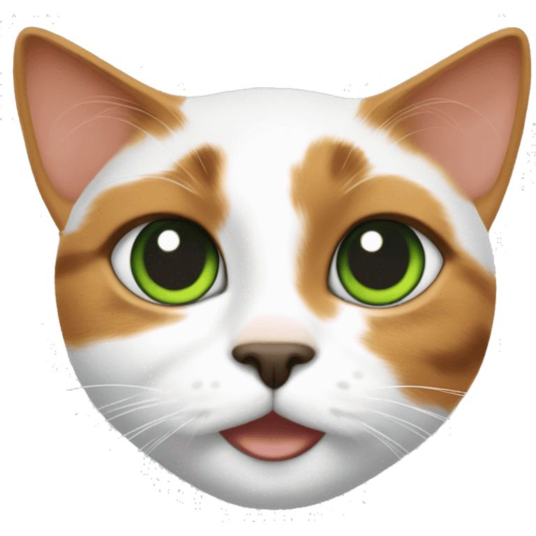 calico cat with green eyes.  Black circles around her eyes. Orange forehead, nose and mouth.  chest and front legs are mostly white, emoji