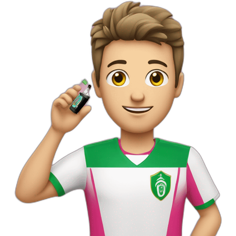 A white young man wearing Algeria's pink football shirt who holds an electronic cigarette from which smoke comes out emoji