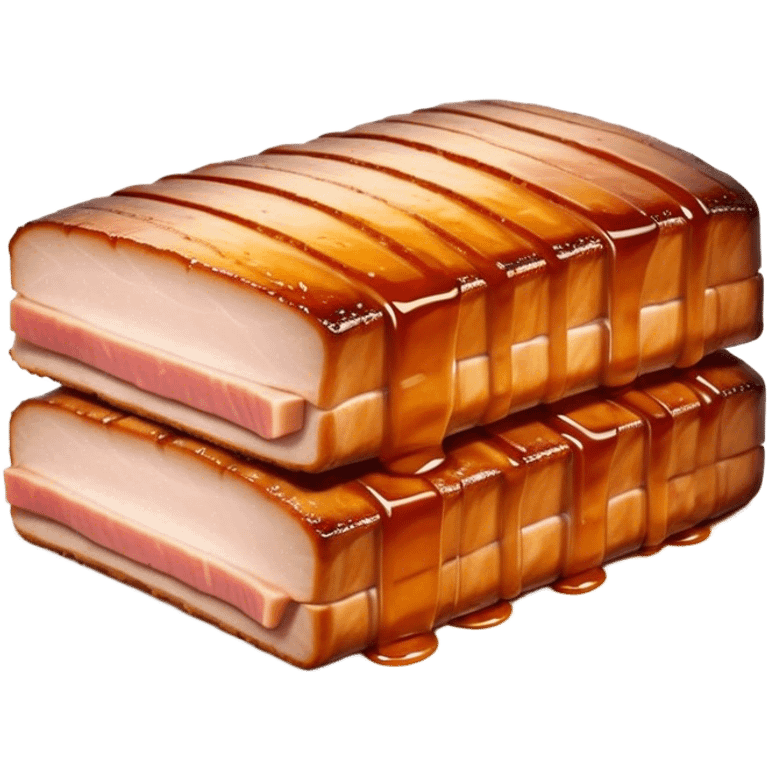 Cinematic tender pork belly, slow-roasted to perfection, crispy caramelized edges, glistening with juices, sliced into thick, rich layers, warm golden tones, luxurious and indulgent. emoji