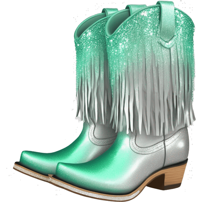 Realistic silver and mint green ombre pair of fashion cowgirl boots with sparkly shiny glitter fringe on them. emoji