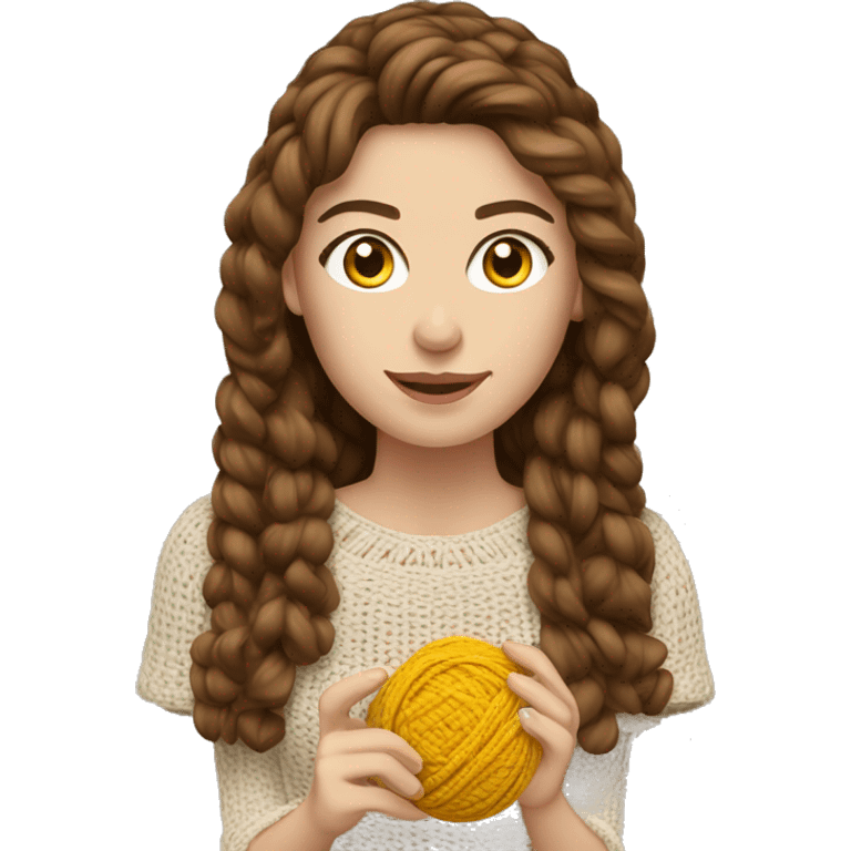 Caucasian woman with long brown hair, crocheting emoji